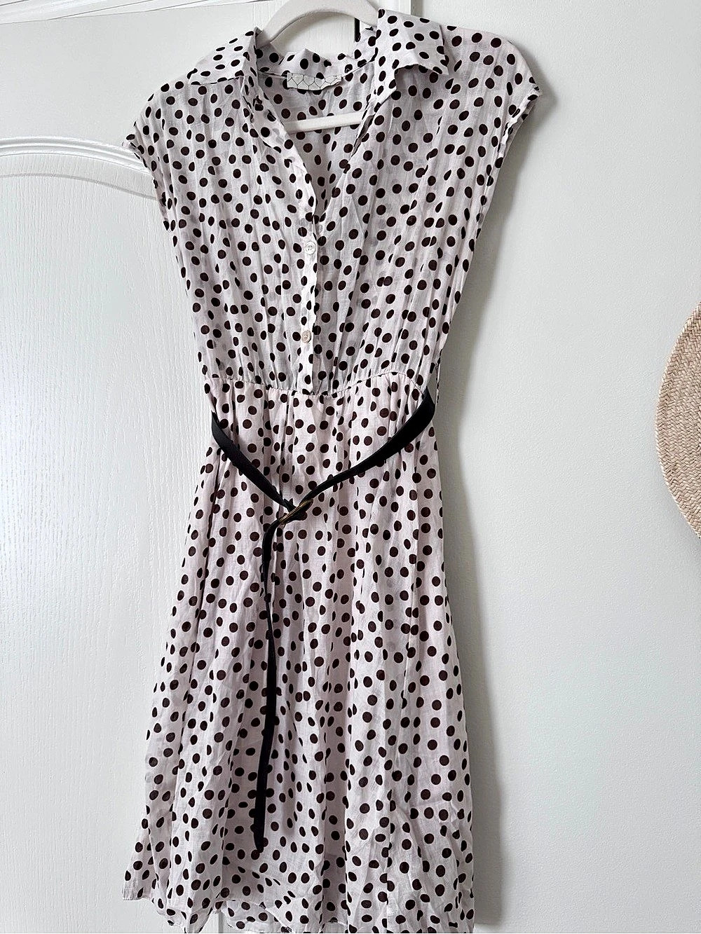Polka Dot Belted Midi Dress in White & Brown Like New. Never worn